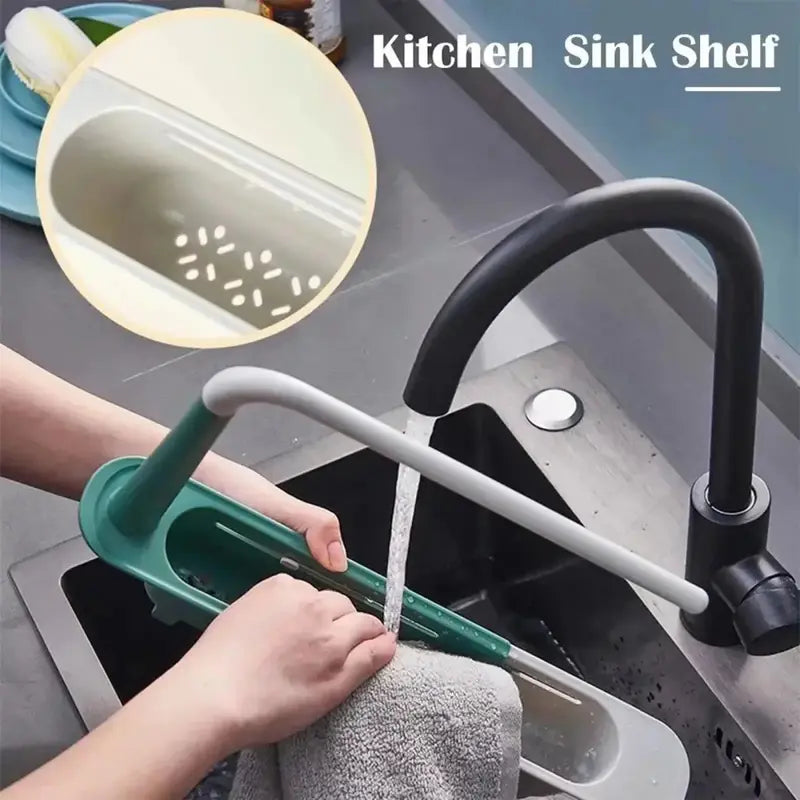 🧽 Adjustable Telescopic Sink Caddy – Drainable Organizer with Towel Bar