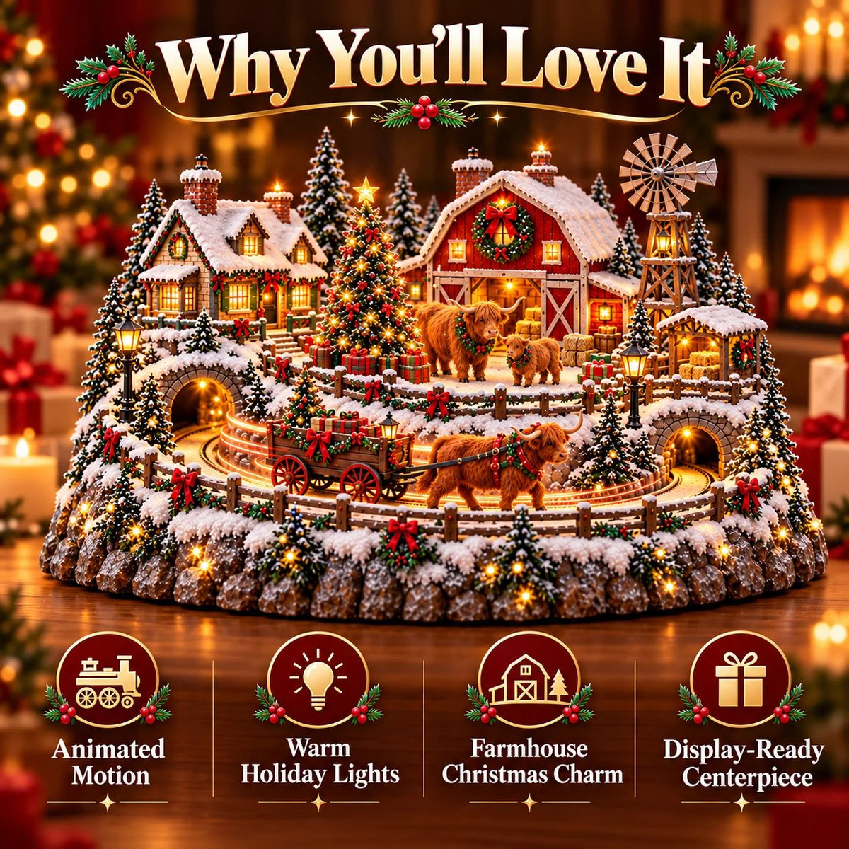 ⌛Last Day 49% OFF🐮 Highland Cow Christmas Farm Village – Lighted Farmhouse Holiday Décor 🎄✨