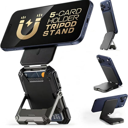 🔥Magnetic Wallet with Stand Compatible with MagSafe, Hold 5 Cards,Adjustable Stand,RFID Blocking,Tripod Phone Stand Magnetic Credit Card Holder for iPhone
