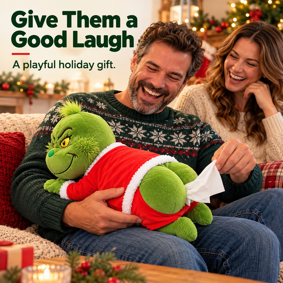 HOT SALE🎄 Grinch Plush Tissue Box Cover | Funny Christmas Grinch Tissue Holder, Festive Home Decor & Novelty Holiday Gift