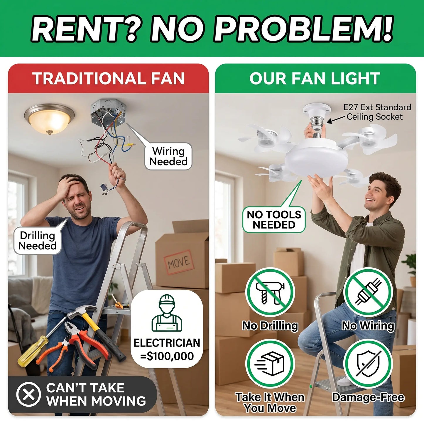 🌀New E27 Socket Ceiling Fan Light – 2‑in‑1 Silent LED Fan with Remote Control, Energy‑Saving Cooling & Lighting Combo for Home Bedroom