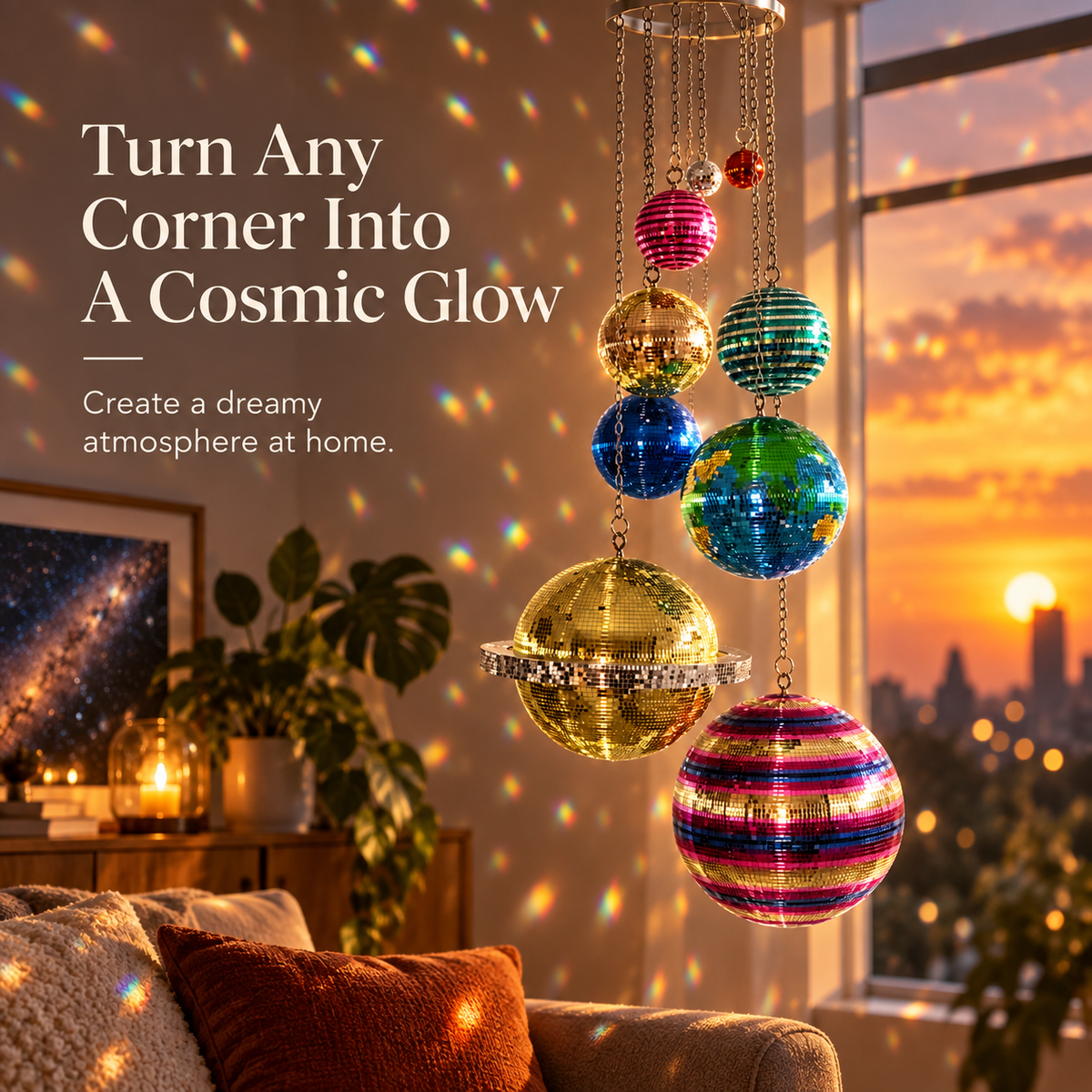 🌈 Solar System Disco Ball Hanging Mobile – Colorful Reflective Celestial Room Decor