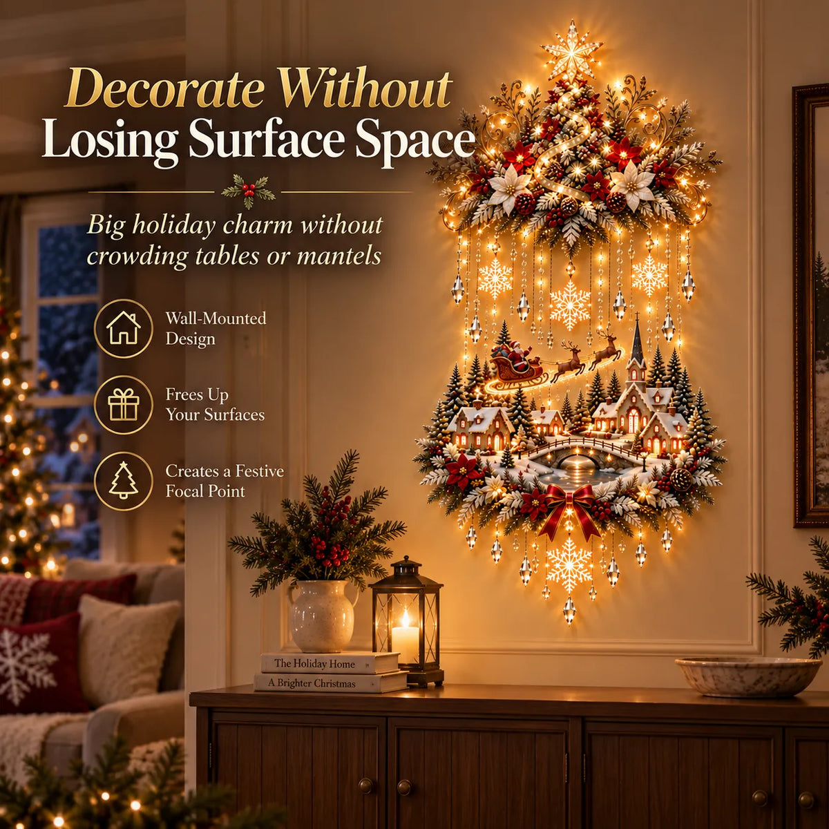 💡 Illuminated Christmas Tree & Village Wall Hanging | Cascading Warm Lights for Living Rooms, Entryways & Staircases ✨
