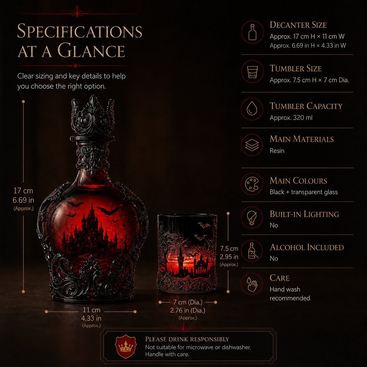 🦇🍺Gothic Vampire Castle Whisky Decanter & Tumbler