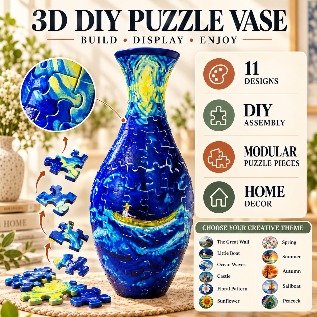 ✨🧩 3D DIY Puzzle Vase – 11 Creative Designs, Decorative Flower Vase & Craft Gift✨