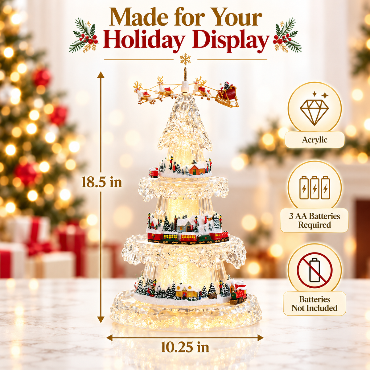 🎄 Musical Christmas Tree with Animated Train🚂 – Light-Up Acrylic Holiday Village Tabletop Decoration✨