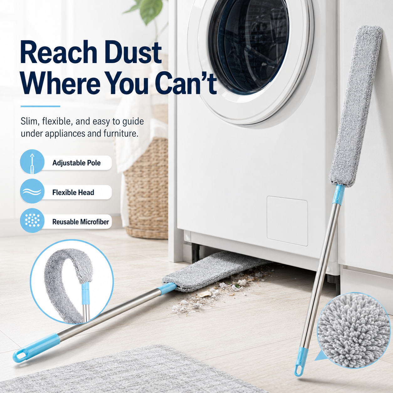🧹 Flexible Retractable Gap Duster – Long-Reach Microfiber Cleaner for Under Beds & Appliances