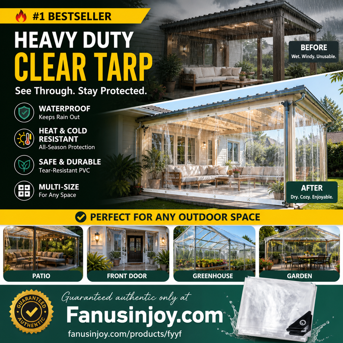 ☀️ Heavy-Duty Clear PVC Tarp – 14 Mil Transparent Outdoor Cover