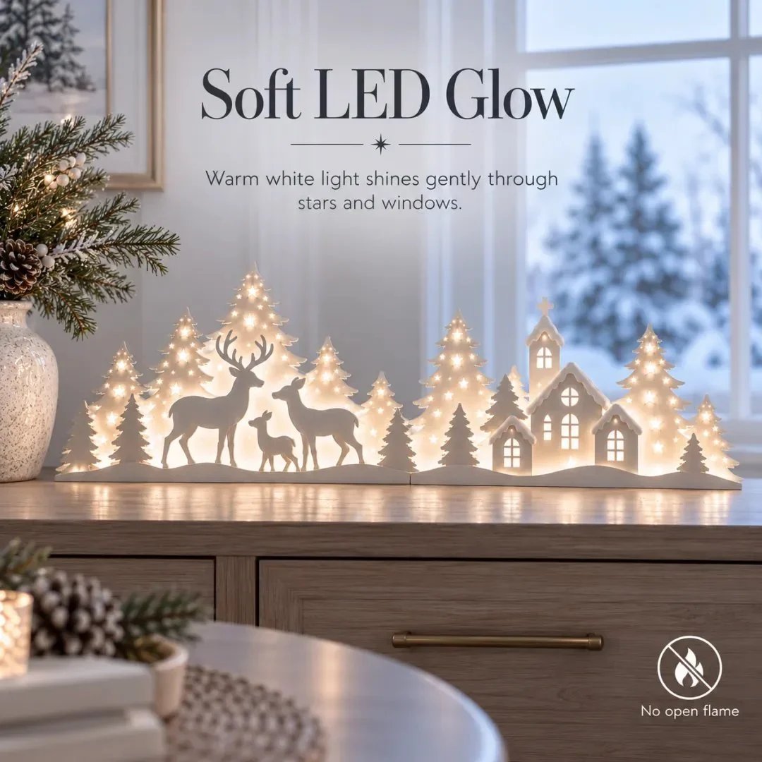 🔥🦌 LED Christmas Deer & Village Window Decor | 2-Piece Lighted Scene