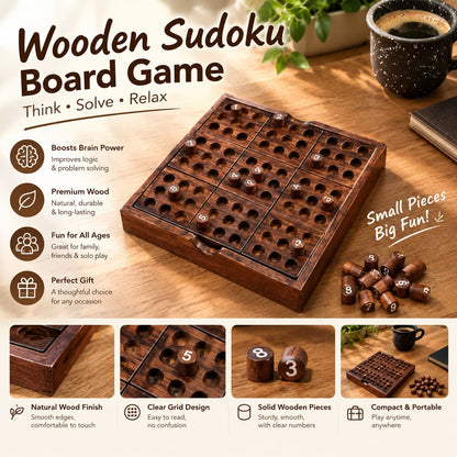 Wooden Sudoku board game with numbered puzzle pieces and close-up views of the wooden construction