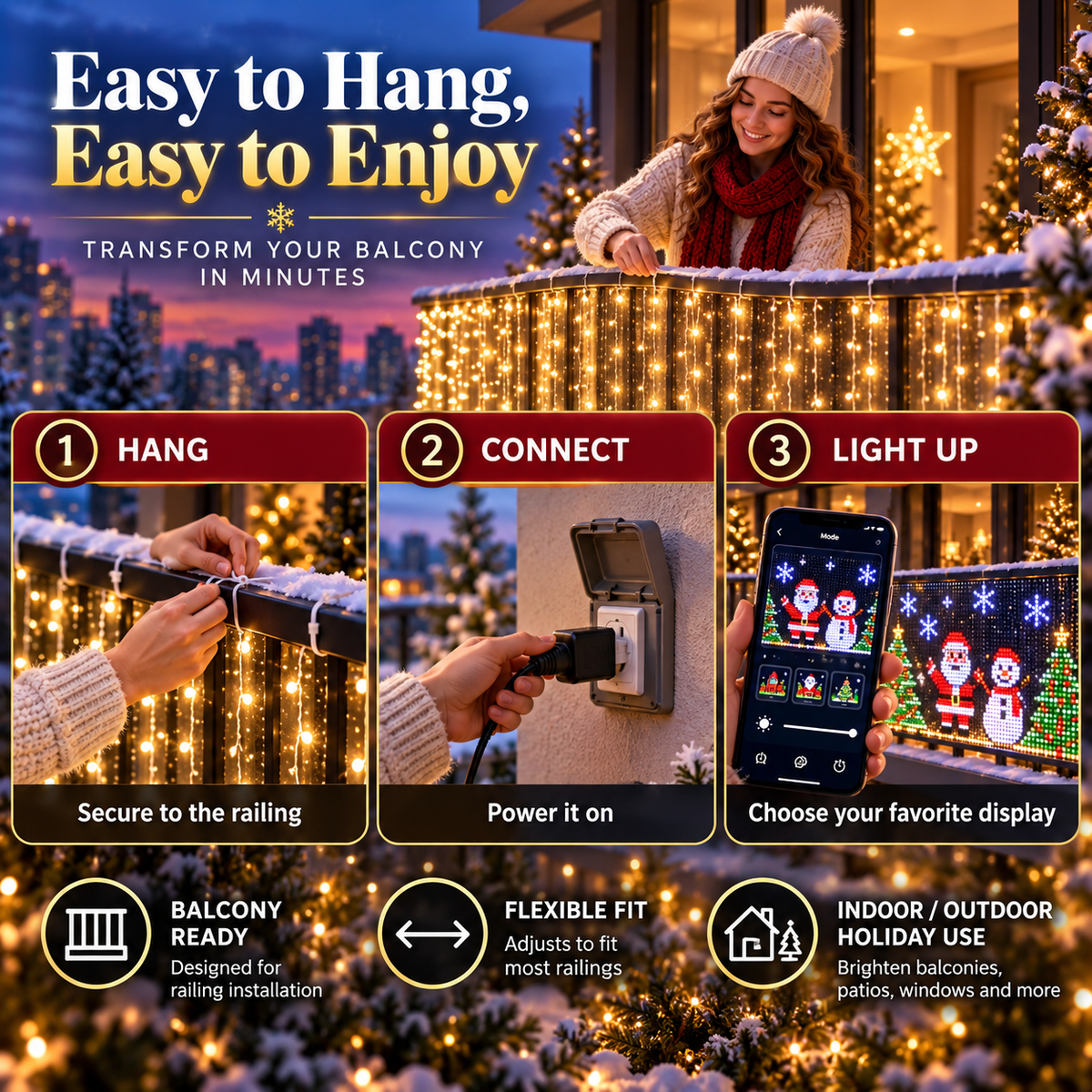 🎅 Smart RGB Pixel Curtain Lights – App-Controlled Animated Holiday Display for Balcony & Window Decor-1.6m*1.6m
