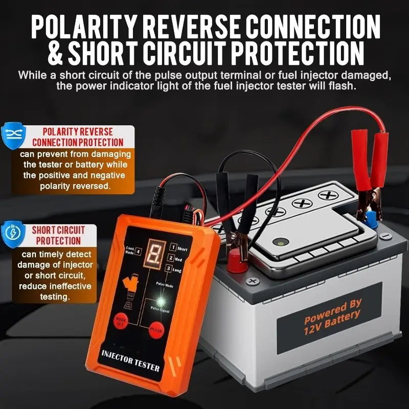 Universal Fuel Injector Tester, DIY test Tool, 8 Pulse Modes, 4 Wire Dual Channel for 2 Fuel Injectors, 8 Size Cleaning Adapters, 12V/5V Output Power