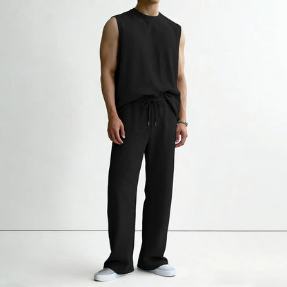 Mens 2 Piece Rib Knit Sweatsuit Summer Sleeveless Tank Top Baggy Wide Leg Pants Set Vacation Beach Outfit for Men