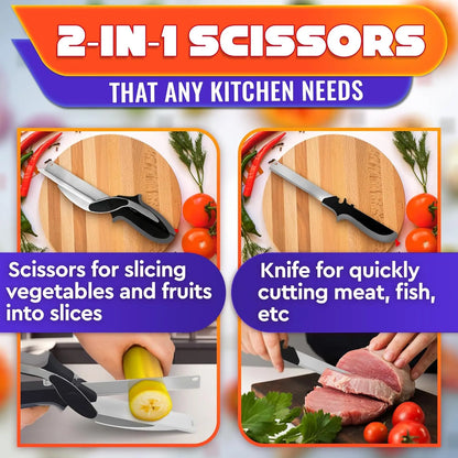 2 in 1 Kitchen Scissors for Food – Stainless Steel Blade & Plastic Cutting Board Scissors