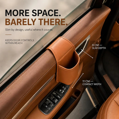 Leather car door storage pocket - double-layer compartments