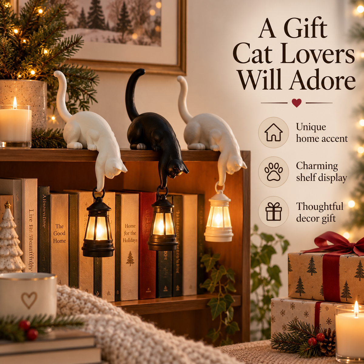 🐱 Cat Shelf Lantern Decor – Whimsical Hanging Light & Key Holder for Cozy Home Spaces