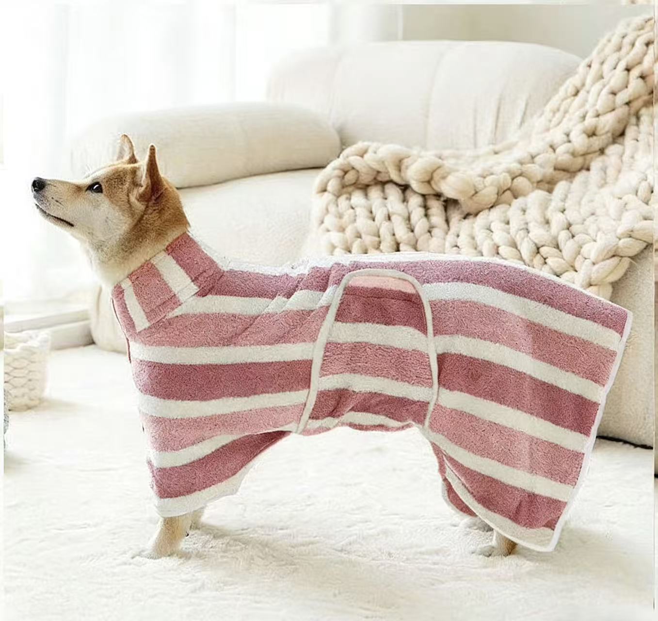 Quick-Drying Dog Bathrobe, 1-Piece Striped Pet Dressing Gown with Adjustable Belly Band, Super-Absorbent Super-Soft Fabric #GLOBAL PICKS