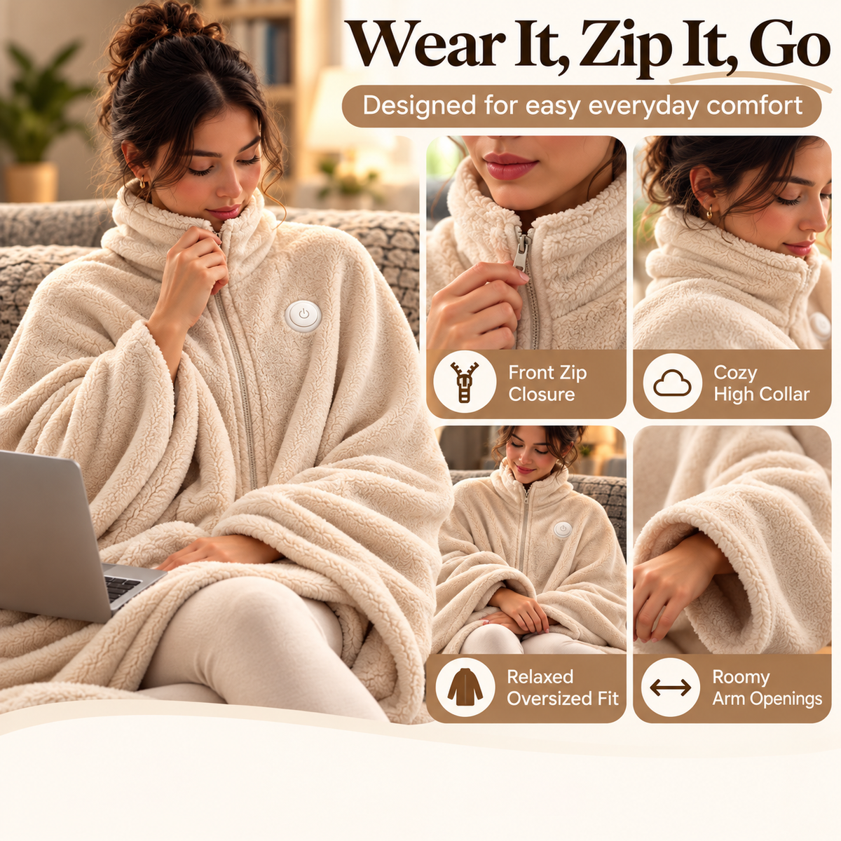 🔥 Wearable Heated Zip-Up Blanket – Ultra-Soft Cozy Winter Shawl