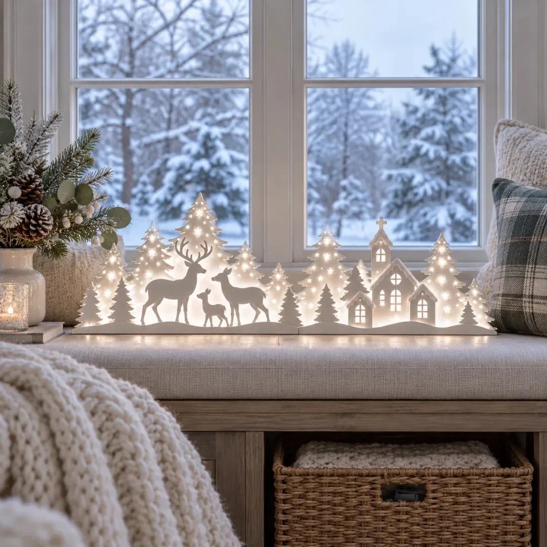 🔥🦌 LED Christmas Deer & Village Window Decor | 2-Piece Lighted Scene