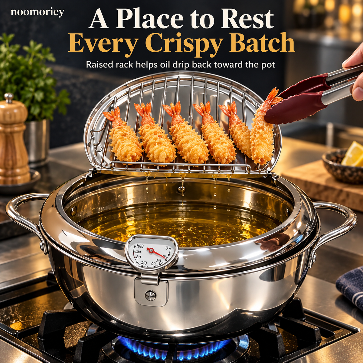 🍗 Deep Frying Pot with Thermometer & Lid Draining Rack – Dual-Handle Frying, Stir-Frying & Boiling Pot