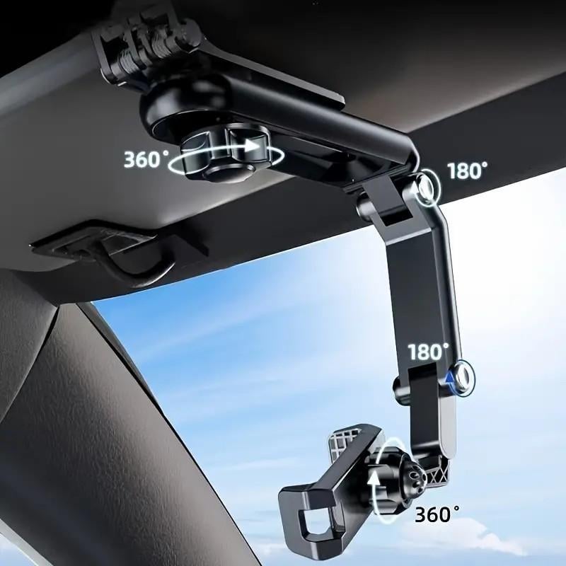 Car sun visor phone holder showing rotating joints and adjustable arm angles
