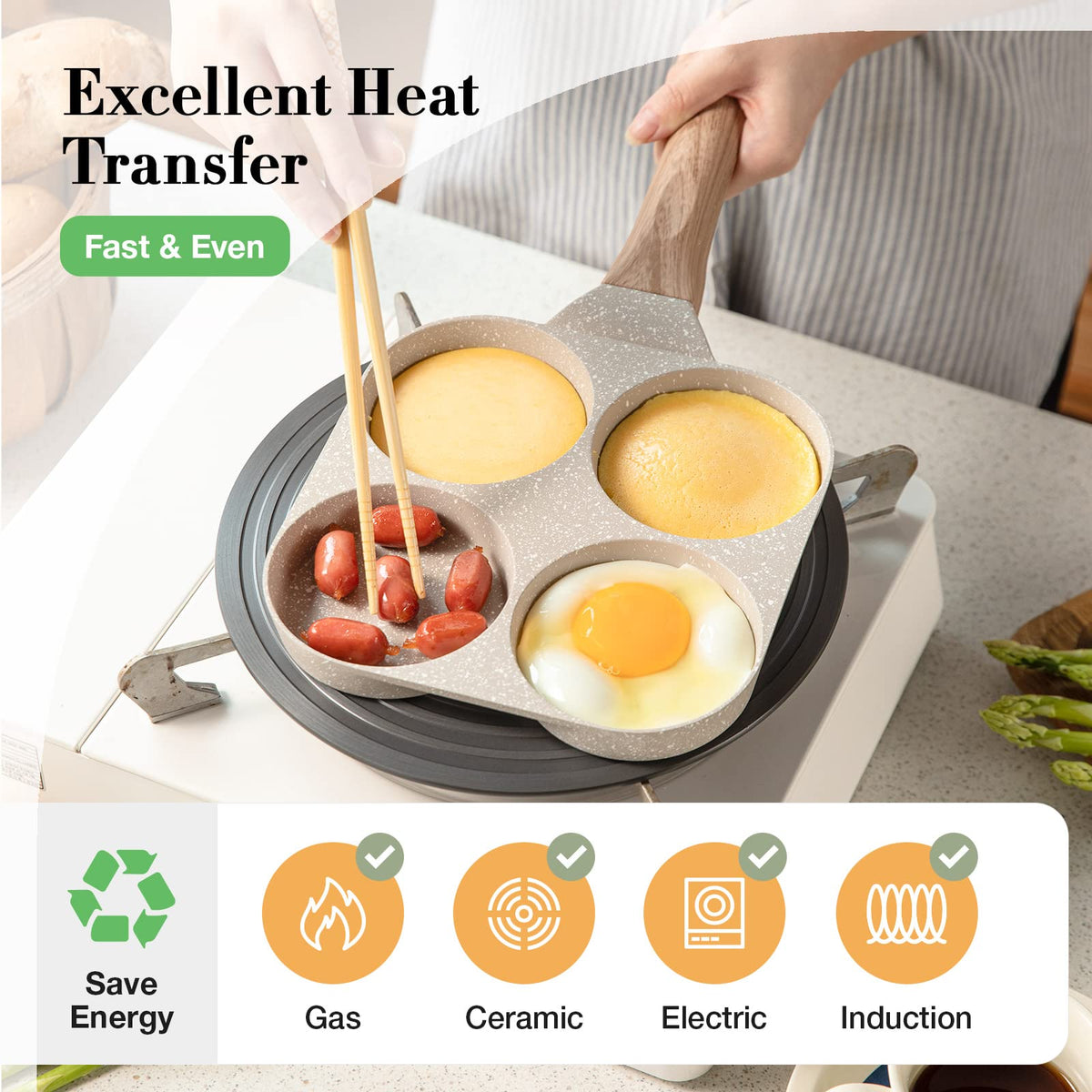⏳Hot Sale Multifunctional Egg Frying Pan, 4 Holes Design & Ergonomic Wooden Handle🍳