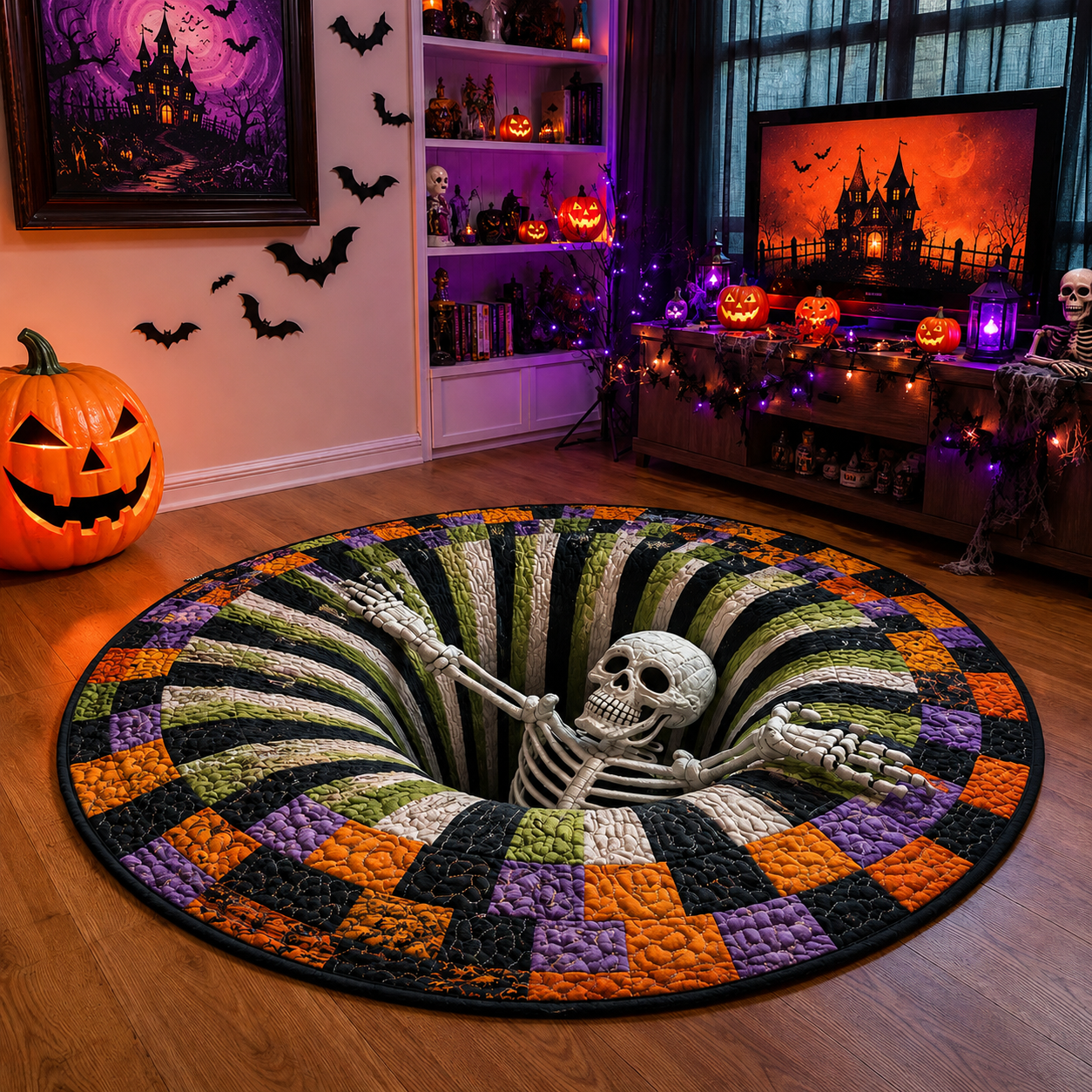🎃 3D Optical Illusion Skeleton Vortex Quilted Round Halloween Rug