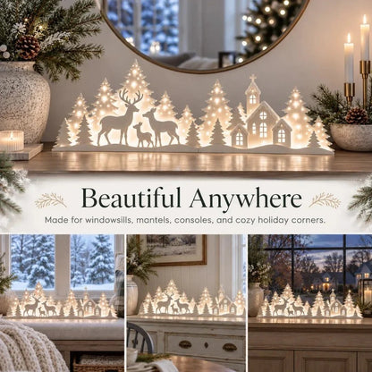 🔥🦌 LED Christmas Deer & Village Window Decor | 2-Piece Lighted Scene