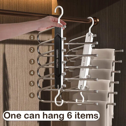 6 Layer Pants Hanger Space Saving Closet Organizer with 65mm Wide Spacing, Anti-Slip Multifunctional Pants Rack for Jeans Trousers Wardrobe