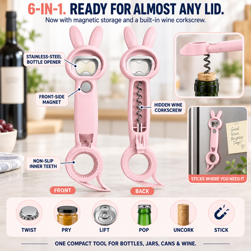 🔥🐰 6-in-1 Magnetic Rabbit Opener – Jar, Bottle, Can & Wine Opening Tool