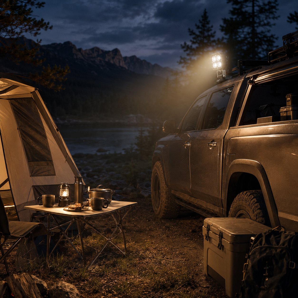 Vehicle-mounted LED light beside a campsite