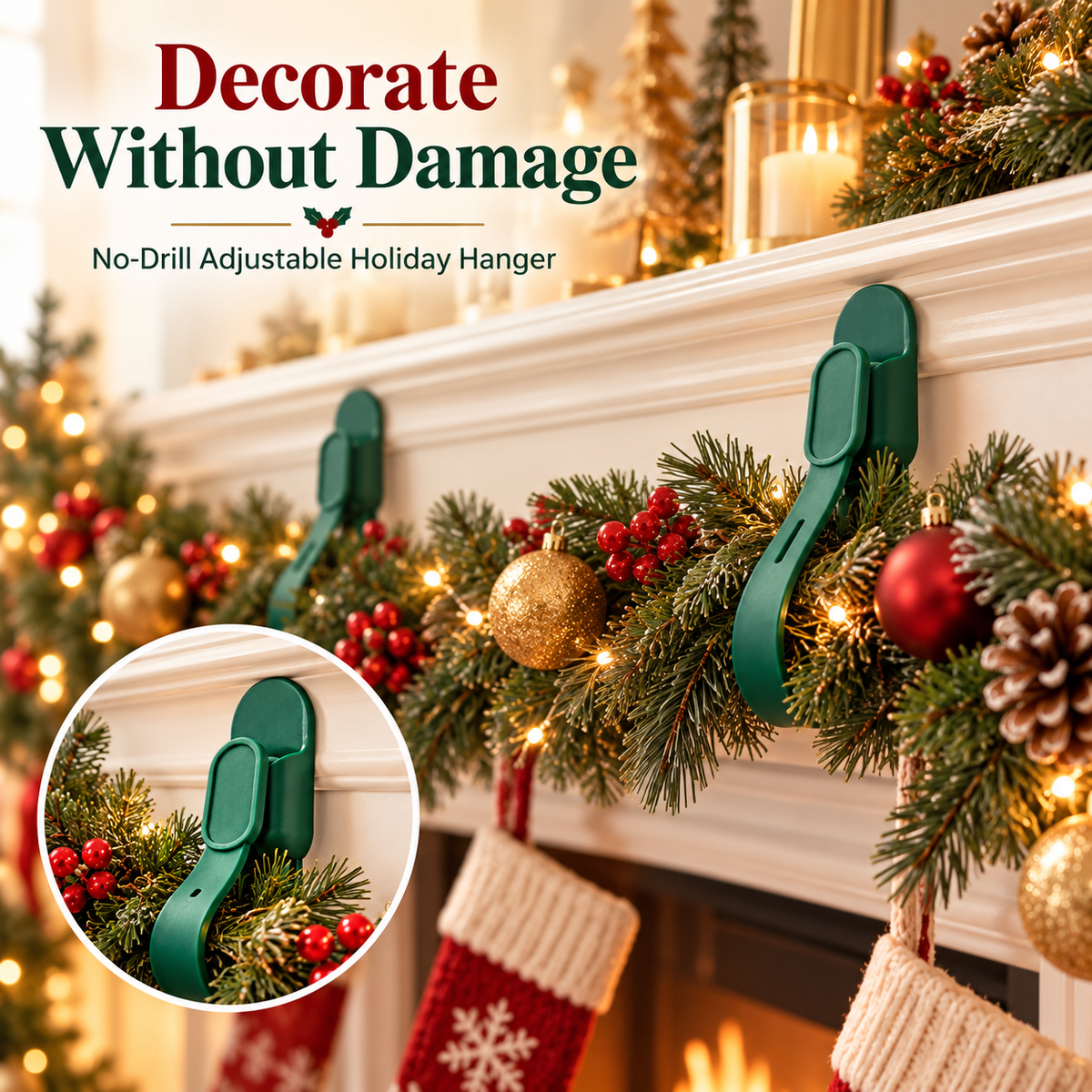 🎄 6-Pack Adjustable Christmas Wreath Hangers – No-Drill Peel & Stick Holiday Hooks ✨