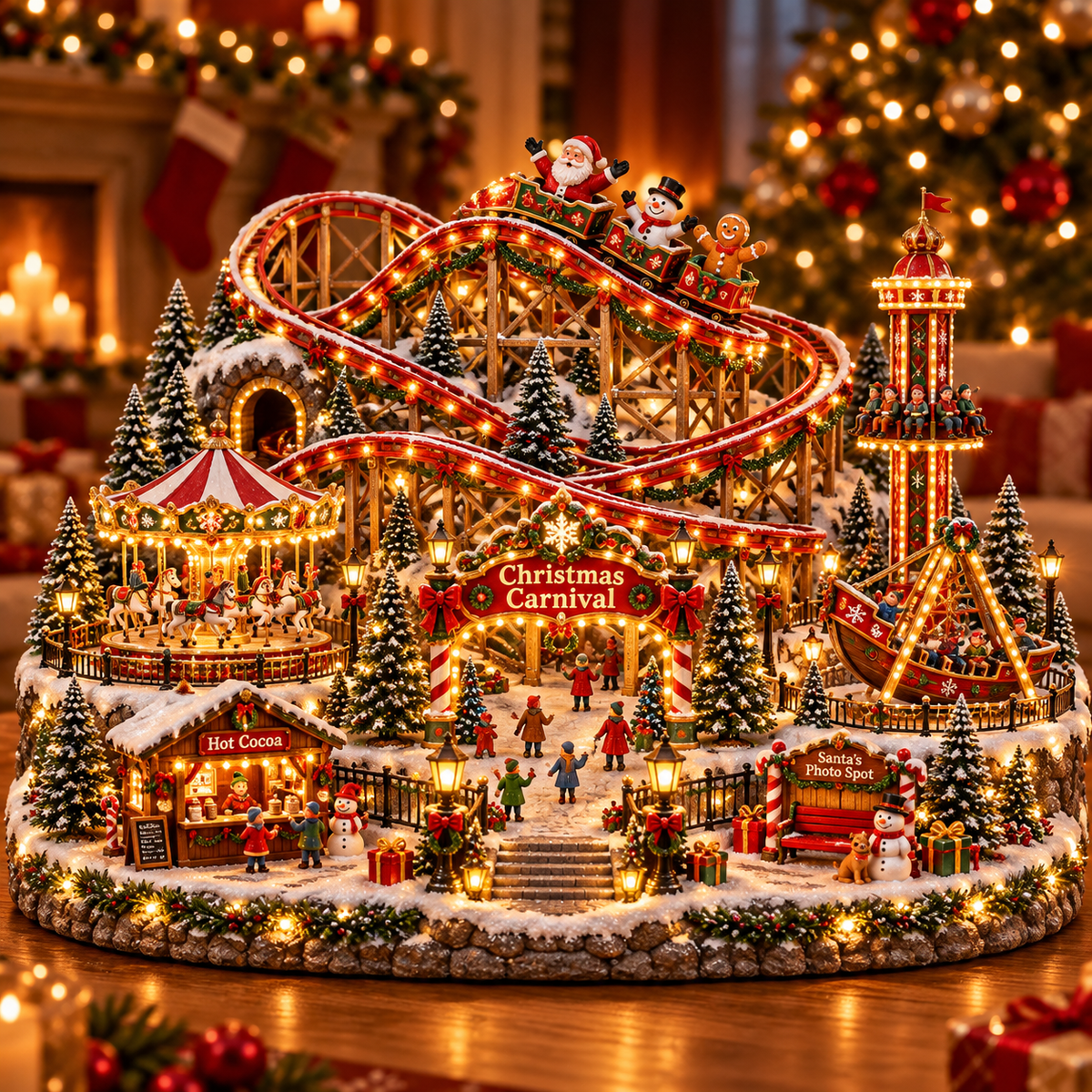 🔥Last Day 50% OFF🎢 Magical Christmas Carnival Village – Animated Roller Coaster & Lighted Holiday Decor