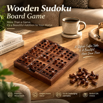 Wooden Sudoku puzzle board displayed on a coffee table with numbered wooden pieces
