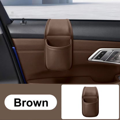 Leather car door storage pocket - double-layer compartments