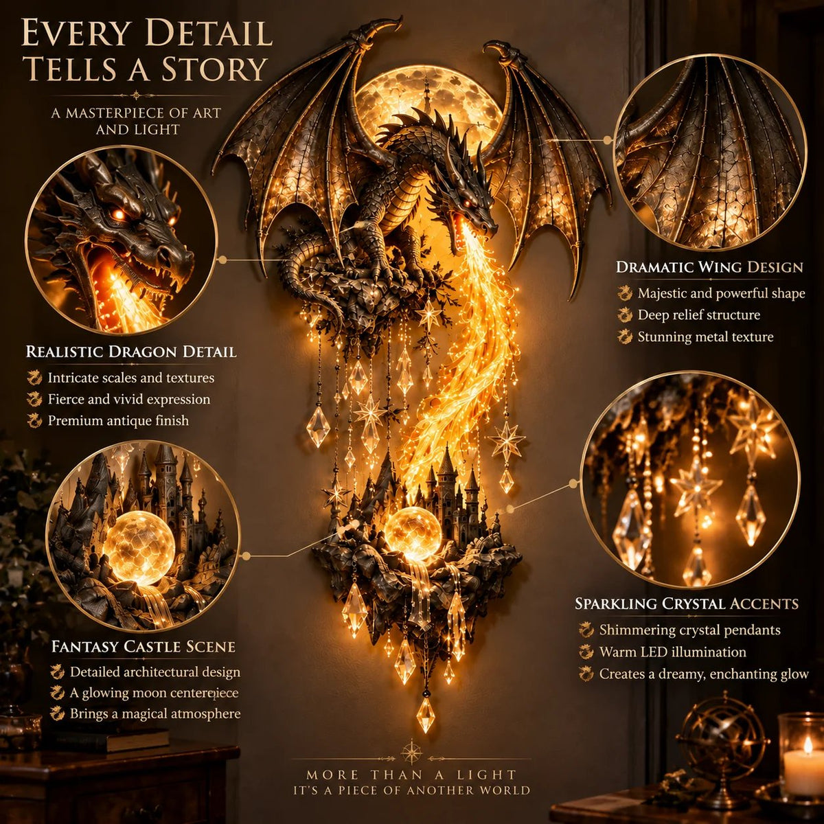 🐉Enchanted Dragonfire Moon Wall Lamp – Fantasy Castle Themed Decor Light for Bedroo