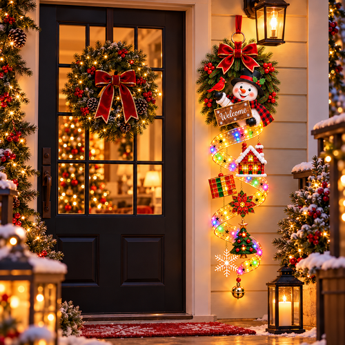 🎄 Christmas Magic Spiral Hanging LED Decoration – Santa & Snowman Holiday Door Decor ✨