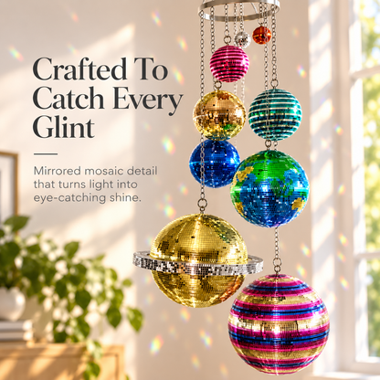 🌈 Solar System Disco Ball Hanging Mobile – Colorful Reflective Celestial Room Decor