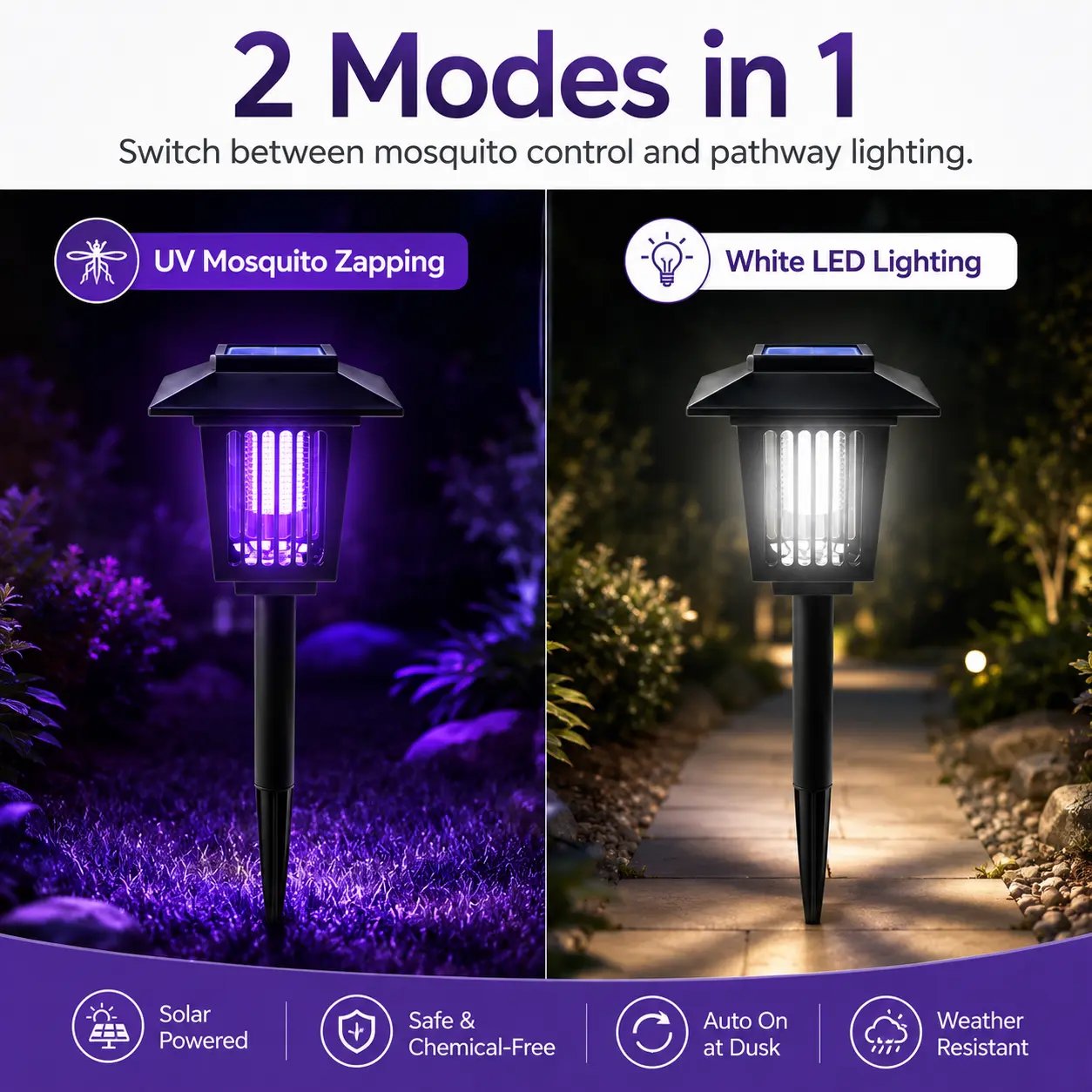 🔥Summer 50% OFF☀️ 2-in-1 Solar Bug Zapper – UV Mosquito Killer + Soft Pathway Light, Auto Dusk-to-Dawn, IP65