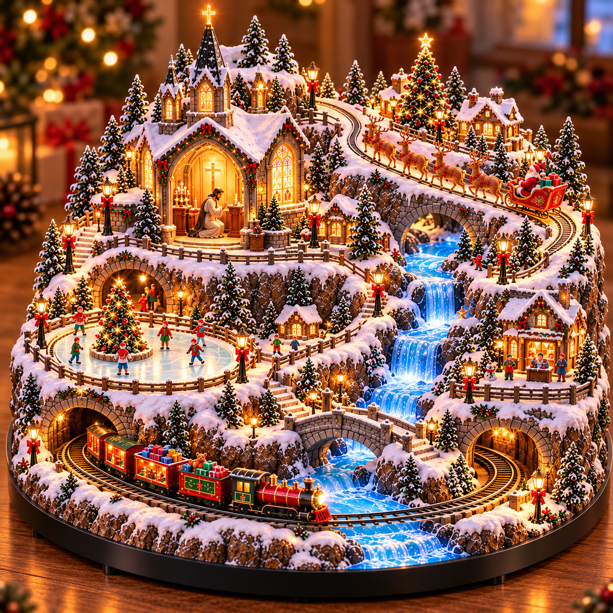 Lighted Animated Christmas Village with Train, Reindeer Sleigh & Waterfall ✨