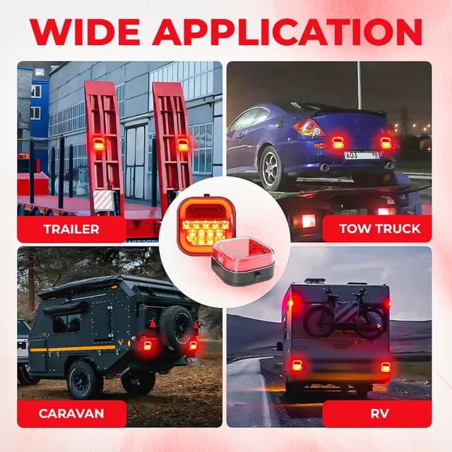 Wireless magnetic trailer lights shown on a car trailer, tow truck, caravan and RV