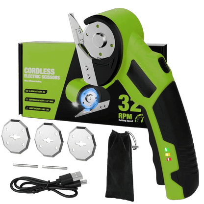 【MothersDayGift】Cordless Electric Scissors 4V – Rechargeable Heavy Duty Cutter with Safety Lock, LED Light, Long Battery Life & 2 Extra Blades | Easy-to-Use Wireless Shears for Cardboard, Packaging Yellow with Storage Bag