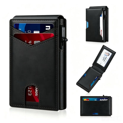 💳Wallet for Men - Pop Up Case, Cash Slot, and Credit Card Slot - Aluminum Wallet with RFID Blocking, Minimalist Leather Wallet Front Pocket with ID Window