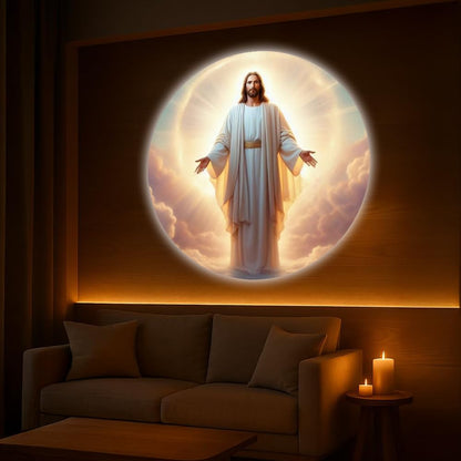 Jesus with open arms projected above a living room sofa
