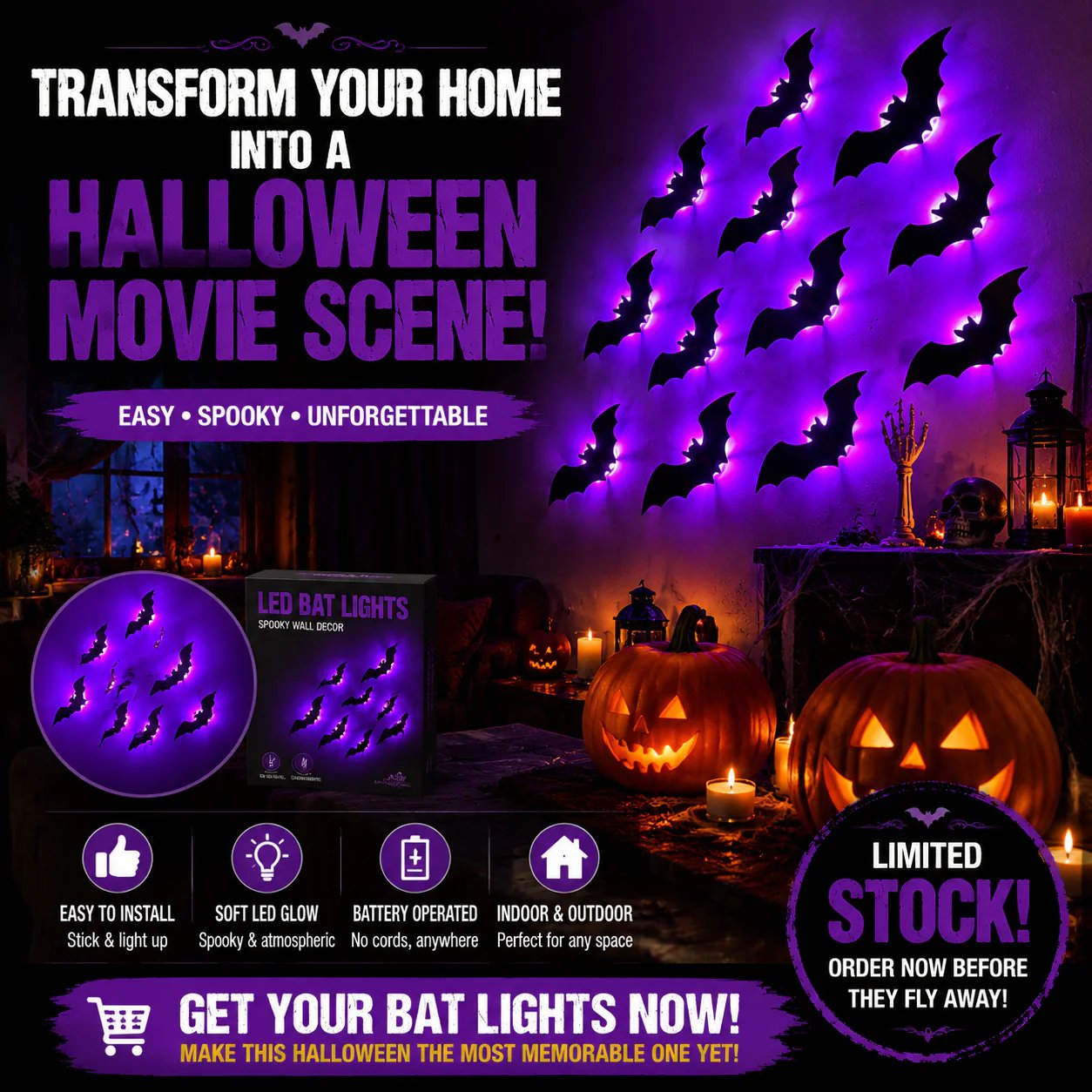 🦇3D LED Bat Light Halloween Wall Decor – Glowing Spooky Party Ornaments