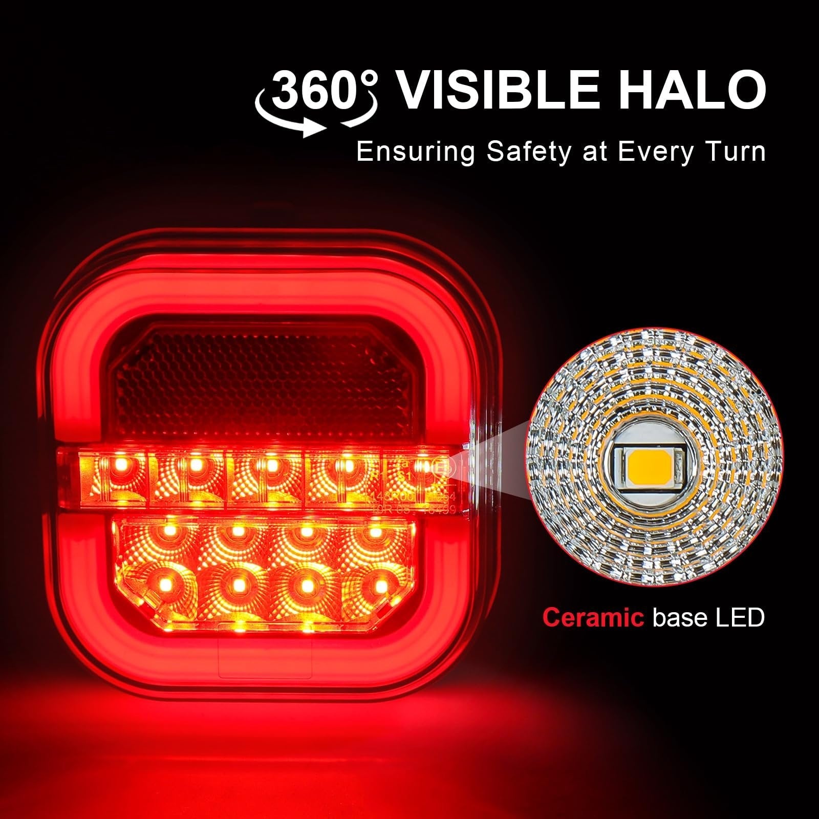 Close-up of a glowing red LED trailer light with a visible halo outline and LED details