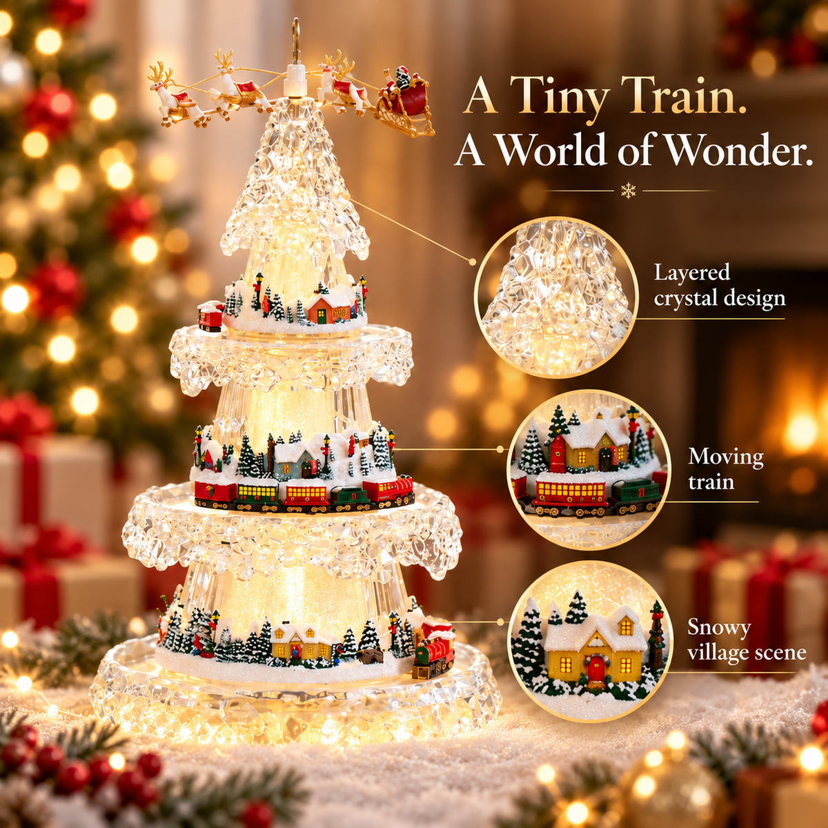 🎄 Musical Christmas Tree with Animated Train🚂 – Light-Up Acrylic Holiday Village Tabletop Decoration✨
