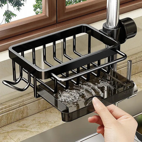 🧽Sink Organizer Rack,Hanging Faucet Drain Rack with Drip Tray Stainless Steel Detachable Sink Faucet Sponge Holder Over Faucet for Kitchen and Bathroom,Scrubbers, Soap,Brush