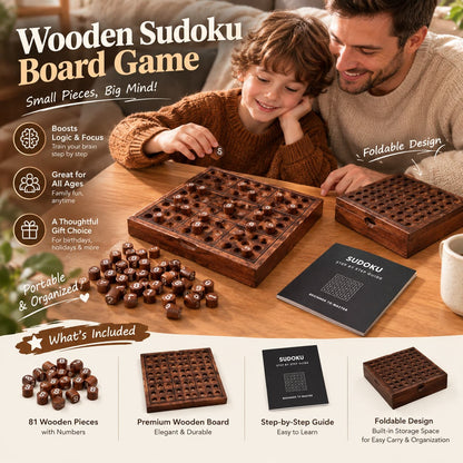 Wooden Sudoku set including foldable board, 81 numbered wooden pieces and instruction guide