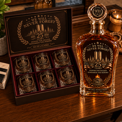 🕯️ 9/11 25th Anniversary Memorial Whiskey Decanter & Glass Gift Set – We Will Never Forget 343 Heroes Tribute
